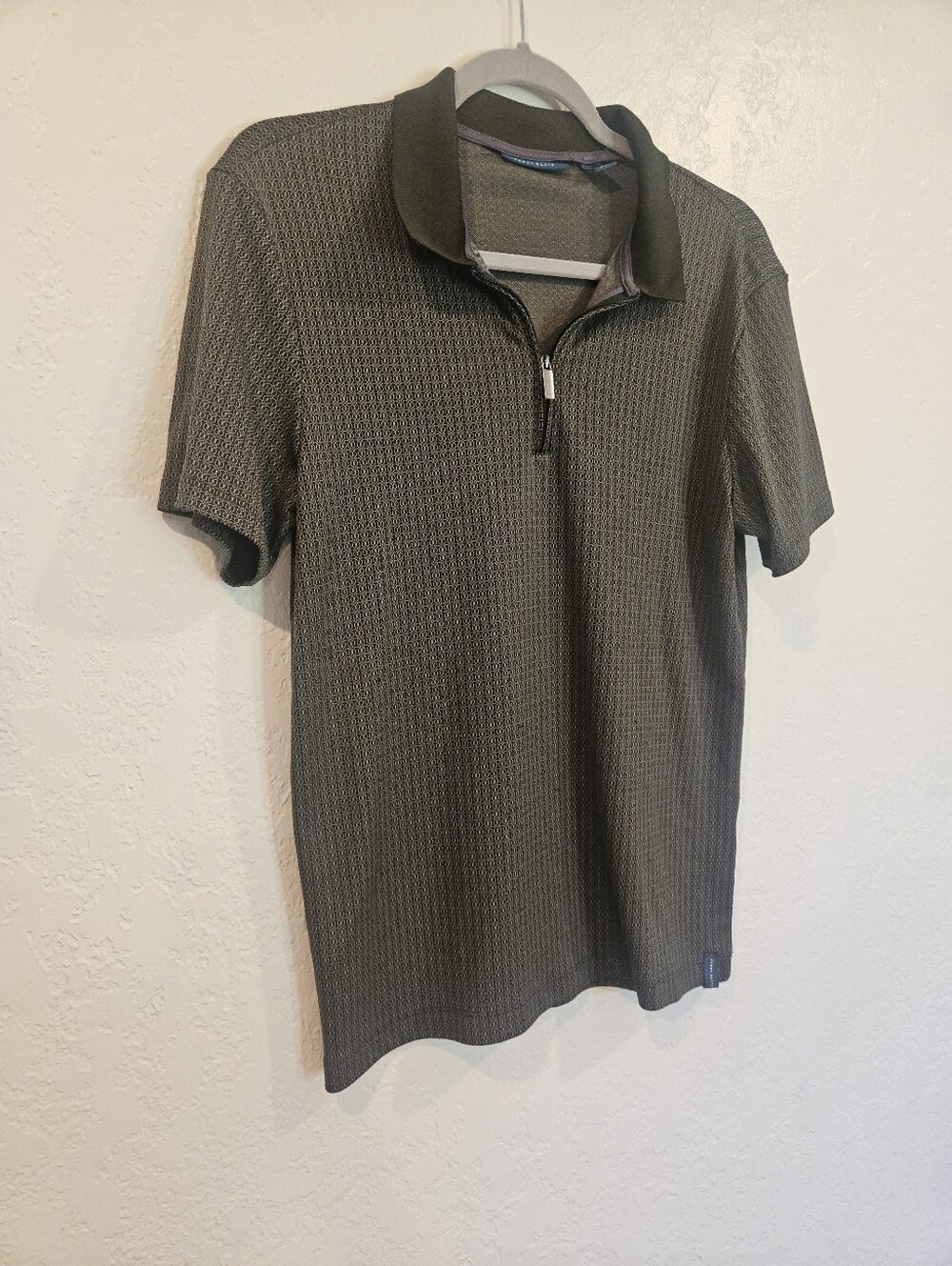 Perry Ellis Quarter Zip Green Gray Geometric Print Polo Short Sleeves Size Small